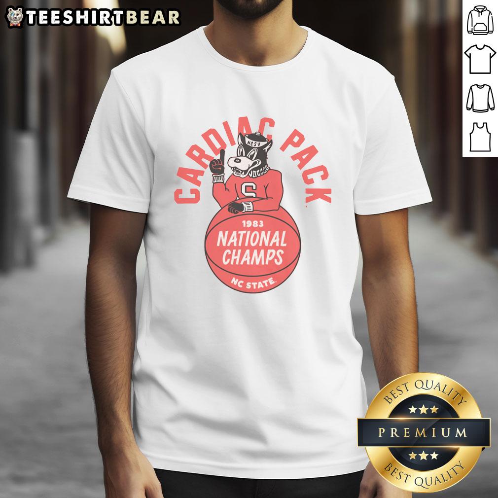 Vintage 1983 NC State Cardiac Pack Champs T-Shirt showcasing retro design and team spirit, perfect for fans and collectors.
