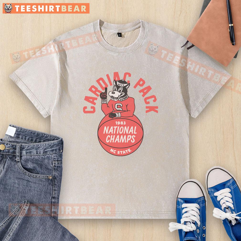 Vintage washed t-shirt featuring NC State Cardiac Pack Champs 1983 design, perfect for fans and collectors.