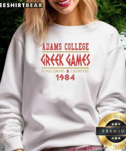 Nice Adams College Greek Games Homecoming and Carnival sweatshirt, celebrating traditions since 1984, vibrant design.