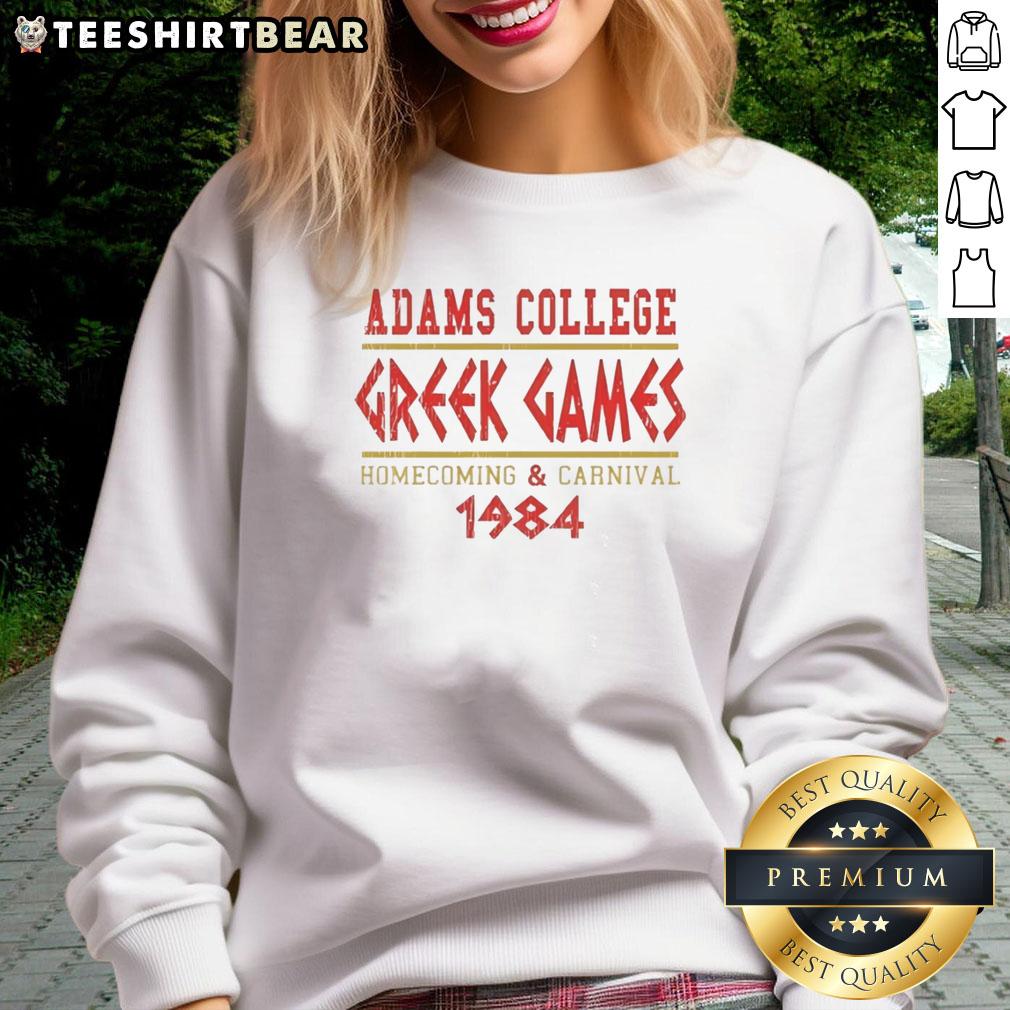 Nice Adams College Greek Games Homecoming and Carnival sweatshirt, celebrating traditions since 1984, vibrant design.