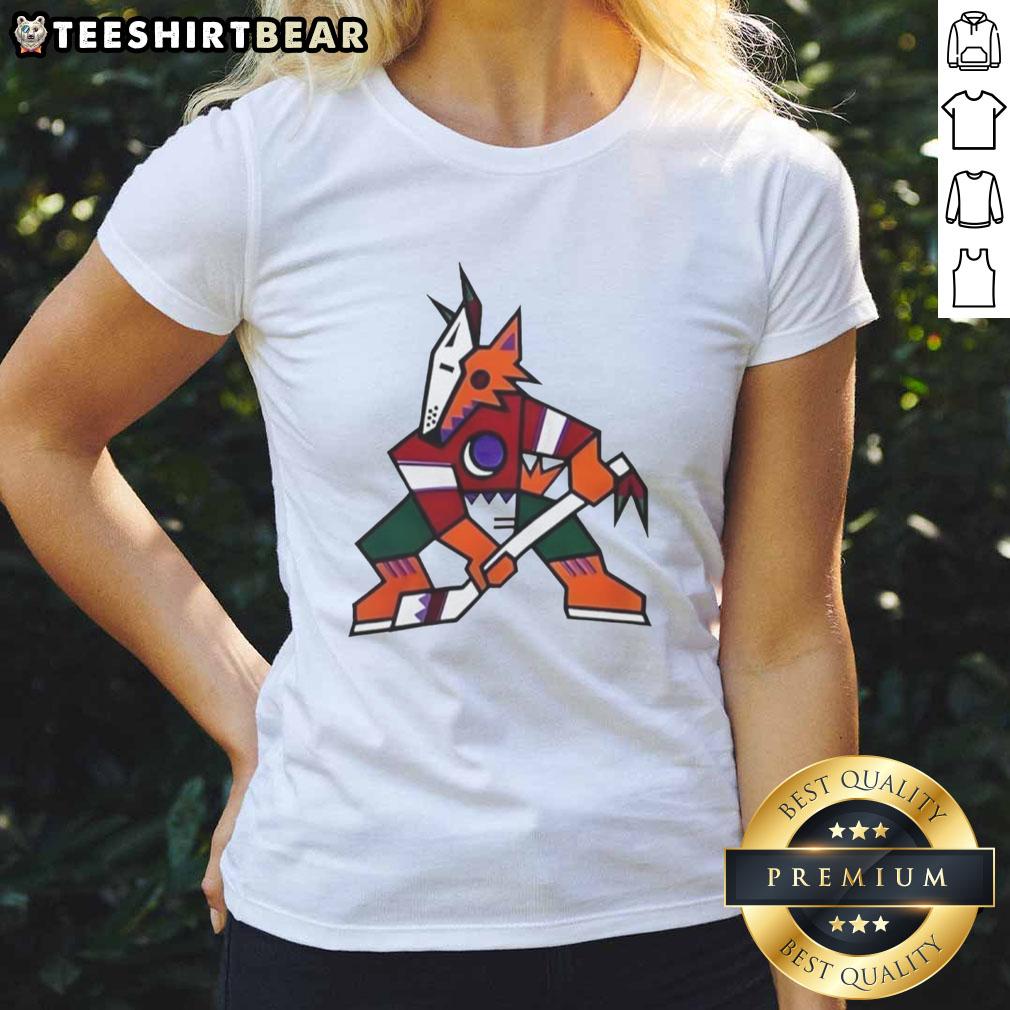Nice Arizona Coyotes NHL Kachina Coyote logo on a stylish ladies tee, perfect for hockey fans and casual wear.