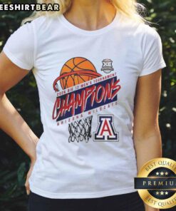 Alt Text: Arizona Wildcats Big 12 Men's Basketball Conference Tournament Champions 2026 logo on a ladies' tee shirt.