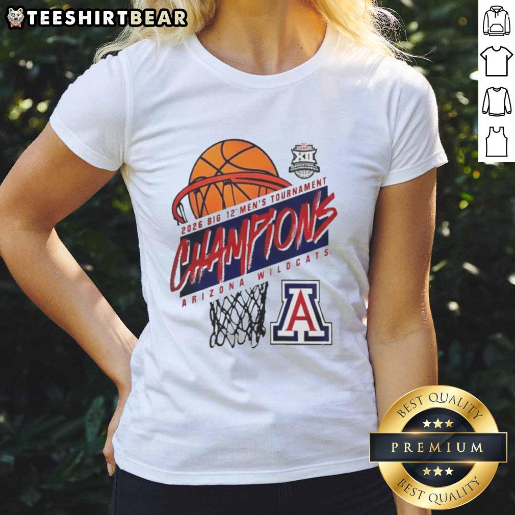Alt Text: Arizona Wildcats Big 12 Men's Basketball Conference Tournament Champions 2026 logo on a ladies' tee shirt.