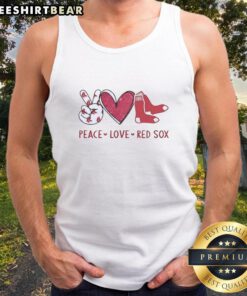 Boston Red Sox peace love hand sign heart shape tank top featuring the Red Sox logo, perfect for fans.
