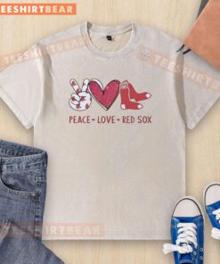 Boston Red Sox washed t-shirt featuring a peace and love hand sign in heart shape with the team logo.