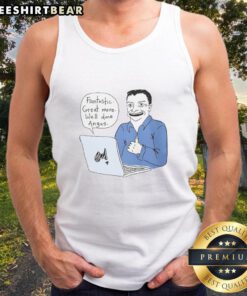 Angus Taylor in a stylish tank top featuring the phrase 'Nice Fantastic Great Move Well Done' during a summer outing.