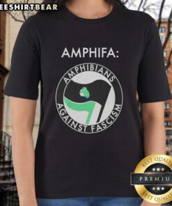Nice Frog Amphifa Amphibians Against Fascism Ladies Tee featuring a vibrant frog graphic promoting activism.