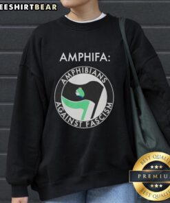 Alt Text: Cozy Nice Frog Amphifa sweatshirt featuring amphibians against fascism design, perfect for eco-conscious fashion lovers.