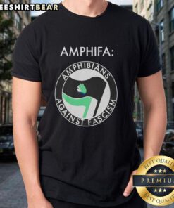 Nice Frog Amphifa Amphibians Against Fascism T-Shirt featuring a colorful frog graphic promoting amphibian activism.