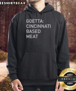 Alt Text: Cincinnati-based Nice Goetta Meat hoodie displayed on a mannequin, featuring a vibrant design and cozy fit.