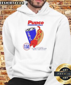 Delicious hot dog with a cute red dog pup wearing a hoodie, showcasing Pupco Wholesale Pupsi and Costco branding.