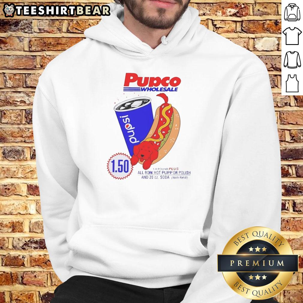 Delicious hot dog with a cute red dog pup wearing a hoodie, showcasing Pupco Wholesale Pupsi and Costco branding.