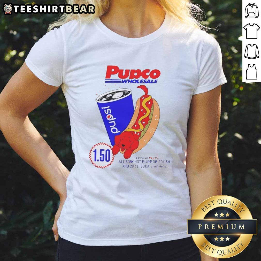 Nice hot dog with a red dog pup, featured on a Costco Pepsi ladies tee, perfect for summer picnics and gatherings.