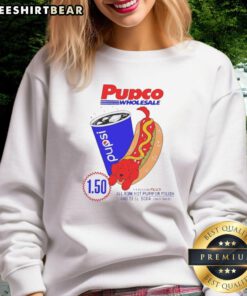 Hot dog and red dog pup wearing Pupco Wholesale sweatshirt at Costco featuring Pepsi logo, perfect for dog lovers.