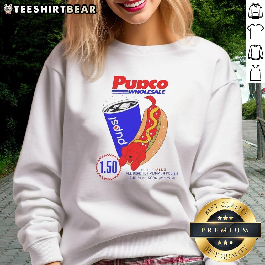 Hot dog and red dog pup wearing Pupco Wholesale sweatshirt at Costco featuring Pepsi logo, perfect for dog lovers.