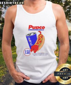 Stylish tank top featuring a hot dog and red dog design, perfect for summer outings. Pupco Wholesale and Costco inspired.