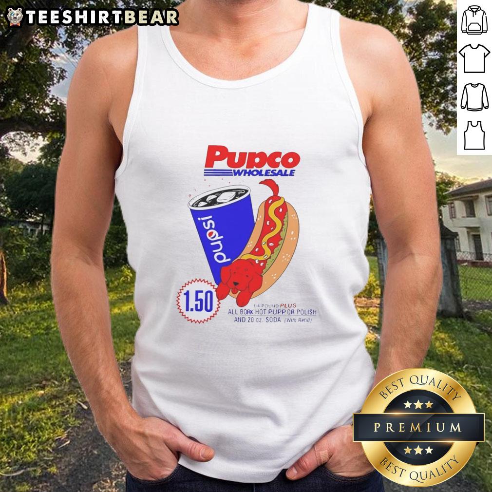 Stylish tank top featuring a hot dog and red dog design, perfect for summer outings. Pupco Wholesale and Costco inspired.
