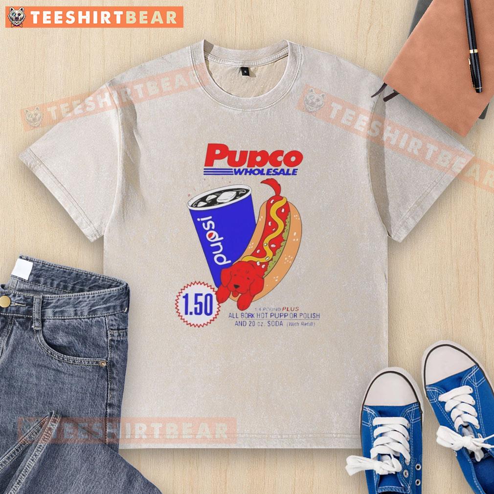 Alt Text: Stylish washed t-shirt featuring a nice hot dog and red dog design, perfect for Pupco Wholesale and Costco fans.