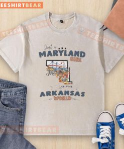 Alt Text: Nice just a Maryland girl in an Arkansas world map washed t-shirt showcasing unique state pride design.