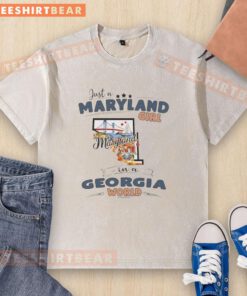 Maryland girl in a Georgia world t-shirt featuring a state map outline design, perfect for proud Maryland residents.