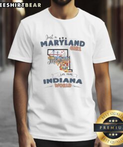 Alt Text: Maryland girl in Indiana world t-shirt featuring state map outline, celebrating local pride and connection.
