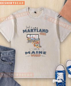 Alt Text: Maryland girl t-shirt featuring a Maine state map outline, perfect for showcasing state pride and casual style.