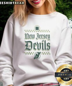 St. Patrick's Day sweatshirt featuring the New Jersey Devils Lucky Slapshot design, perfect for hockey fans.