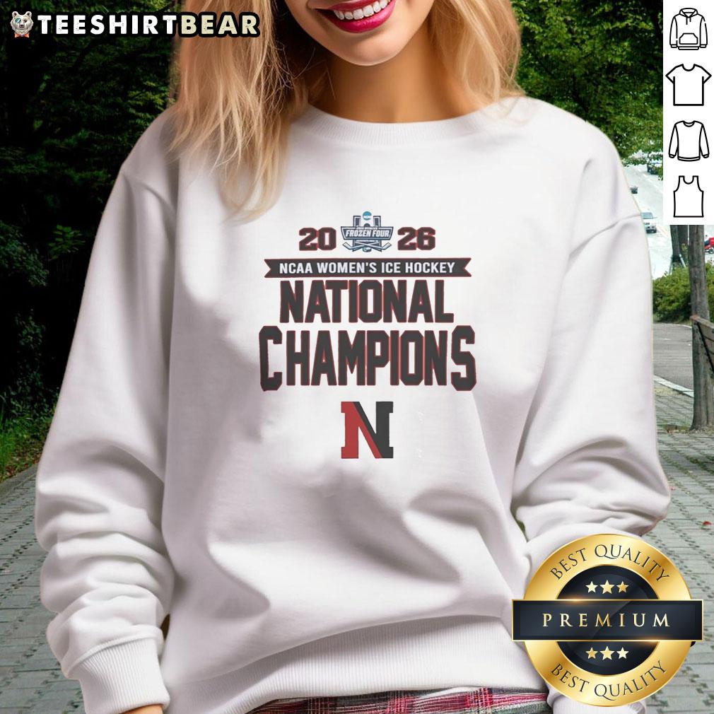 2026 NCAA Women's Ice Hockey Frozen Four Champions sweatshirt featuring Nice Northeastern Huskies logo and design.