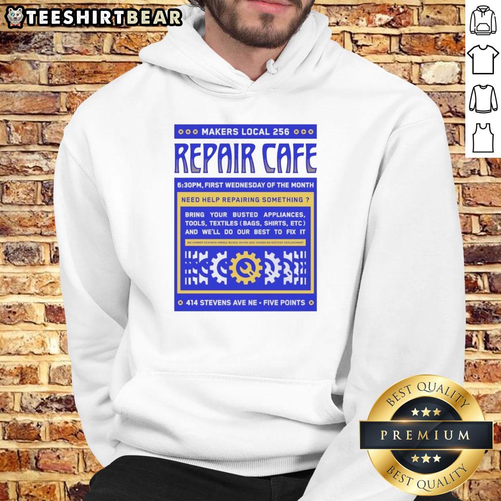 Nice Repair Cafe Makers Local 256 hoodie showcasing community spirit and sustainability in fashion.