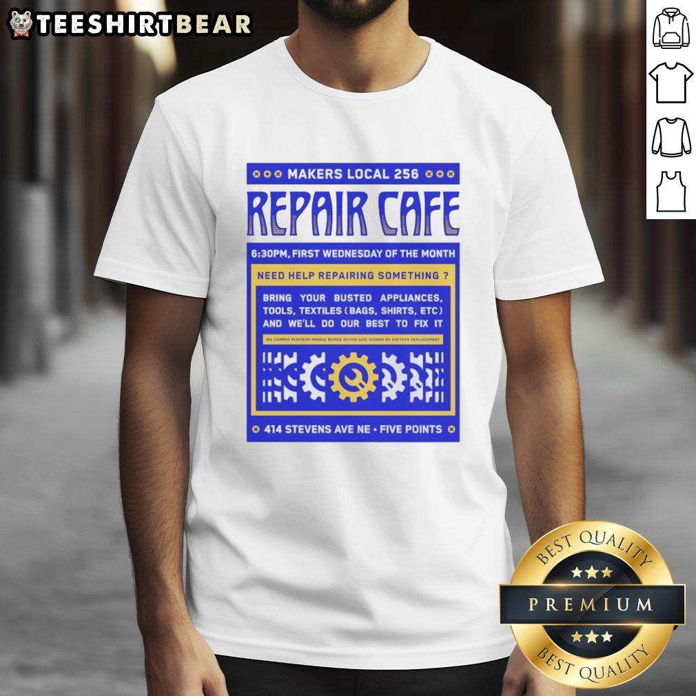 Alt Text: Nice Repair Cafe Makers Local 256 T-Shirt featuring a vibrant design promoting community repair initiatives.