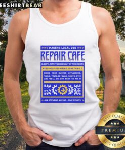 Nice Repair Cafe Makers local event showcasing sustainable practices with participants wearing '256 Tank Top' apparel.
