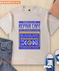 Alt Text: Nice Repair Cafe Makers Local 256 washed t-shirt showcasing a sustainable design and vibrant colors.