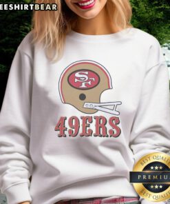 Alt Text: Stylish San Francisco 49ers sweatshirt featuring a large football logo on a big helmet design, perfect for fans.