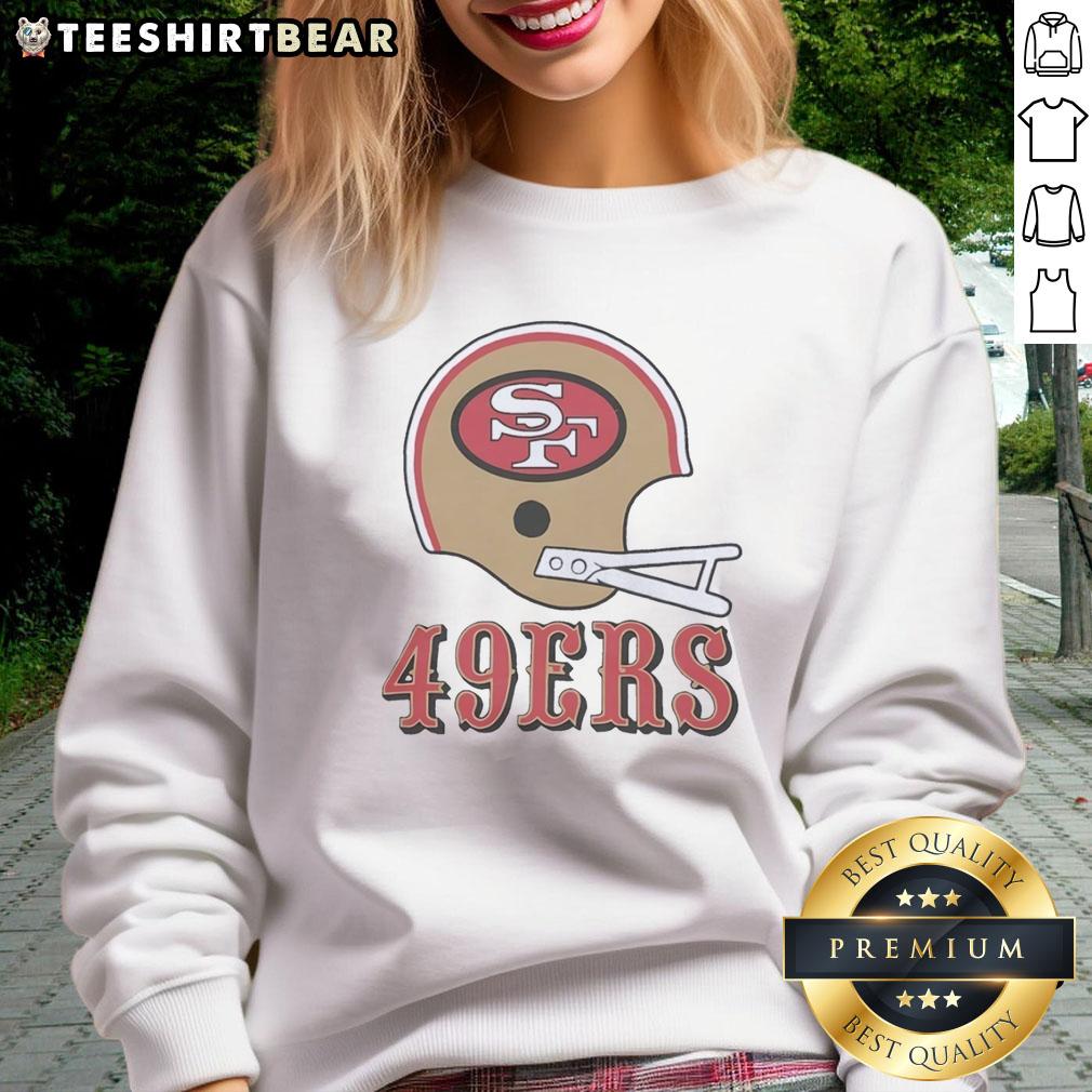 Alt Text: Stylish San Francisco 49ers sweatshirt featuring a large football logo on a big helmet design, perfect for fans.