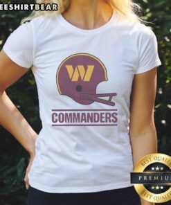 Nice Washington Commanders football logo on a big helmet featured on a stylish ladies tee shirt.