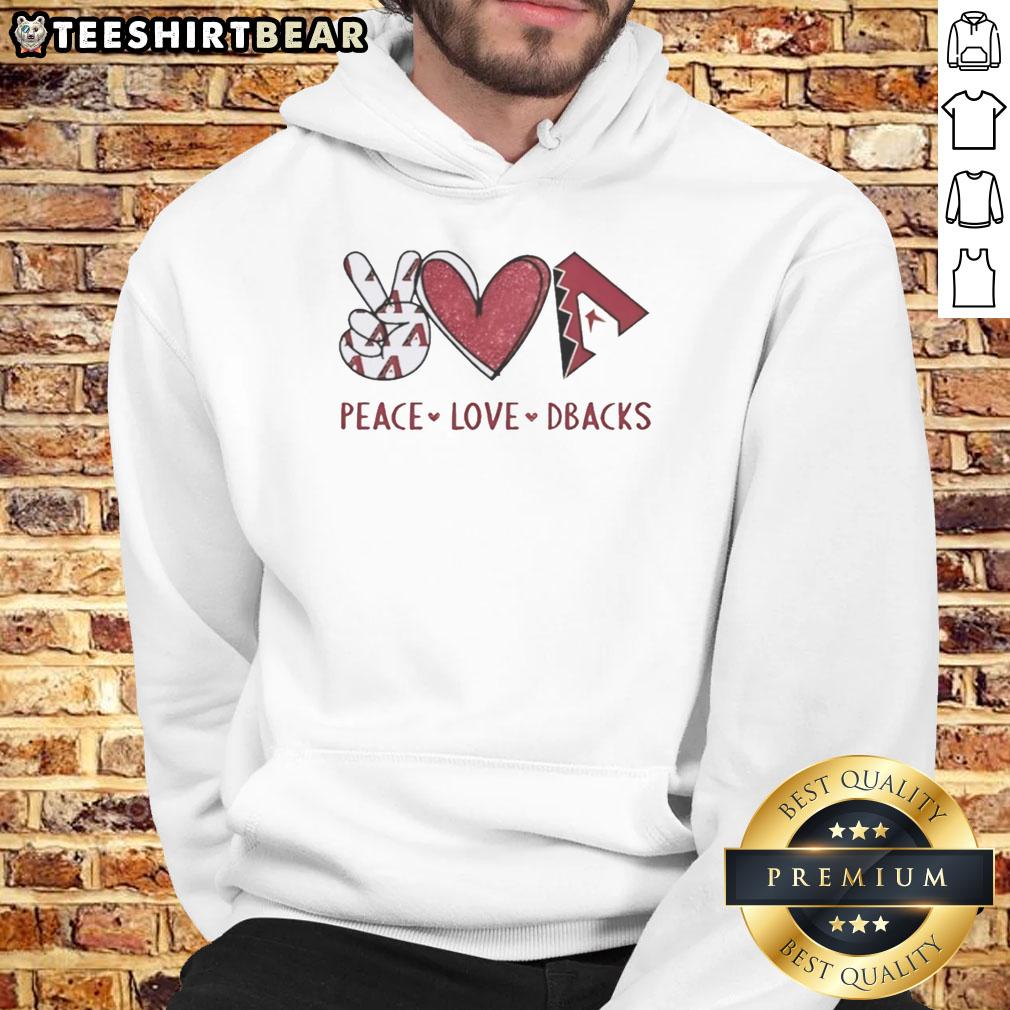 Official Arizona Diamondbacks Peace Love Dbacks hoodie featuring heart-shaped hand sign and team logo.