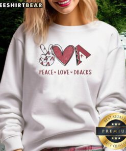 Alt Text: Official Arizona Diamondbacks sweatshirt featuring Peace Love Dbacks hand sign in heart shape and team logo.