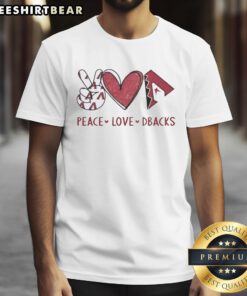 Alt Text: Official Arizona Diamondbacks t-shirt featuring a heart-shaped hand sign and the Dbacks logo, perfect for fans.