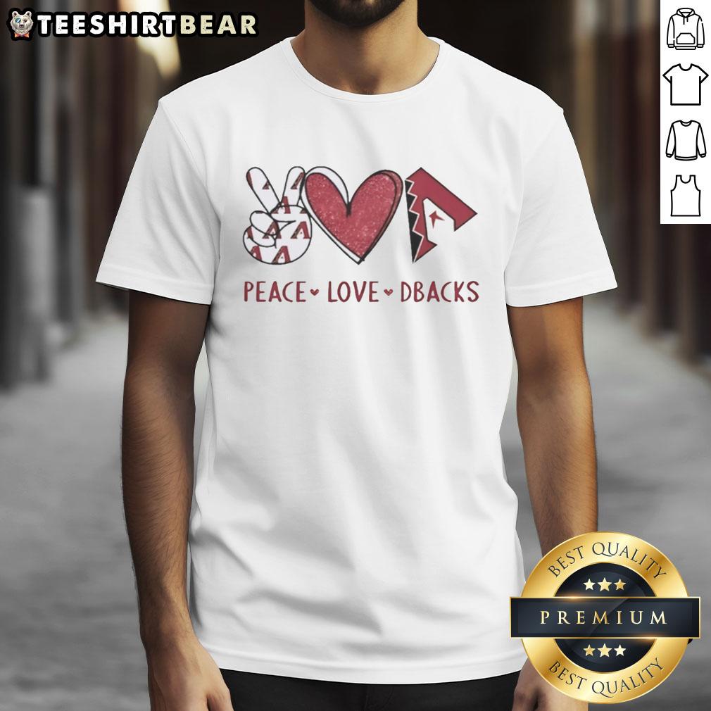 Alt Text: Official Arizona Diamondbacks t-shirt featuring a heart-shaped hand sign and the Dbacks logo, perfect for fans.