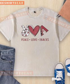Official Arizona Diamondbacks Peace Love Dbacks hand sign heart shape logo on a washed t-shirt, perfect for fans.