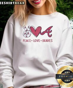 Alt Text: Official Atlanta Braves sweatshirt featuring a peace, love, Braves hand sign in a heart shape with the team logo.