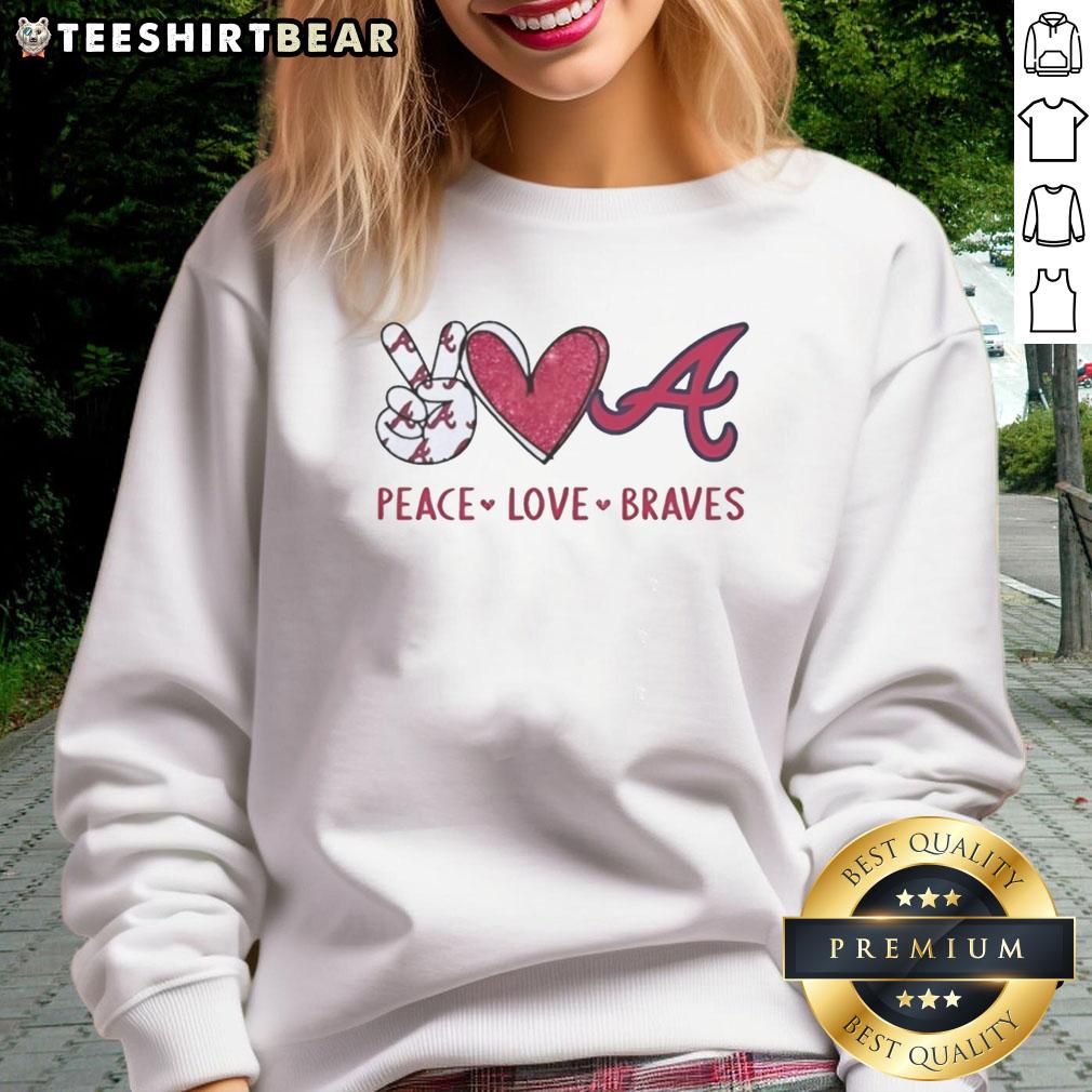 Alt Text: Official Atlanta Braves sweatshirt featuring a peace, love, Braves hand sign in a heart shape with the team logo.