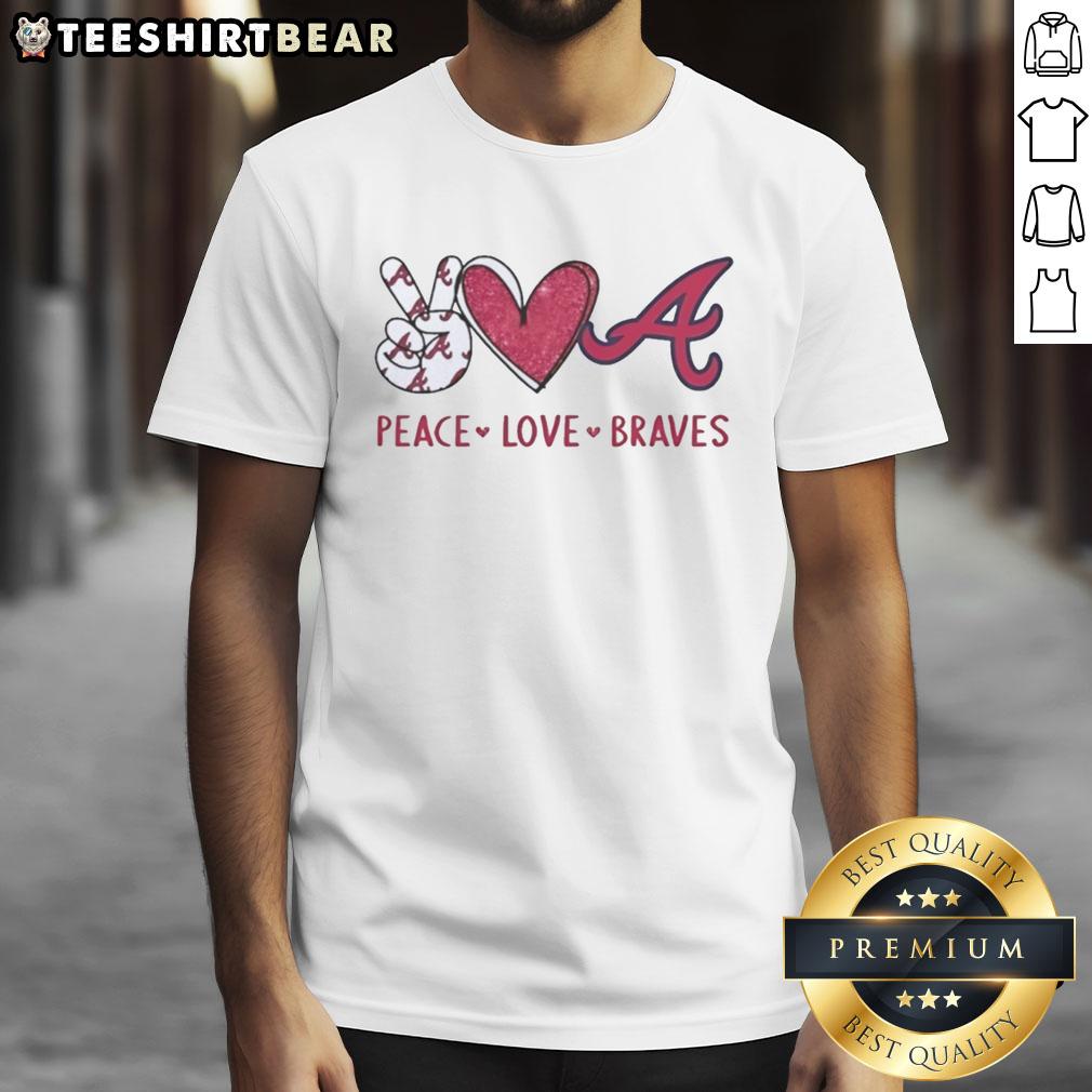 Alt Text: Official Atlanta Braves t-shirt featuring a peace love Braves hand sign in a heart shape with the Braves logo.