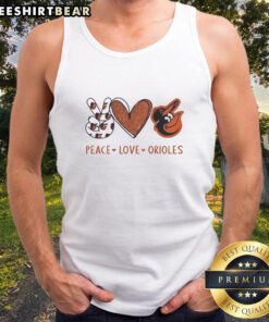 Official Baltimore Orioles tank top featuring a heart-shaped peace sign and team logo, perfect for fans and game days.