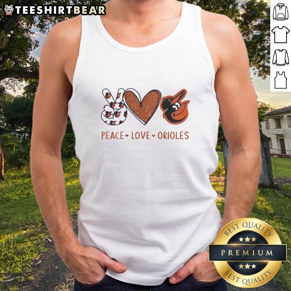 Official Baltimore Orioles tank top featuring a heart-shaped peace sign and team logo, perfect for fans and game days.