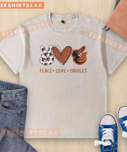 Official Baltimore Orioles Peace Love Orioles hand sign heart shape logo on a washed t-shirt, perfect for fans.