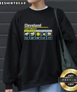 Alt Text: Official Cleveland 5-Day Forecast sweatshirt showcasing weather icons and city skyline, perfect for fans and weather lovers.