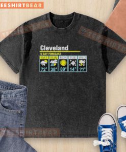 Alt Text: Official Cleveland 5-Day Forecast washed t-shirt featuring a vibrant graphic of weather icons and city skyline.