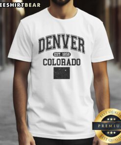 Official Denver Colorado Est 1858 varsity t-shirt featuring a stylish design for fans of Denver apparel.