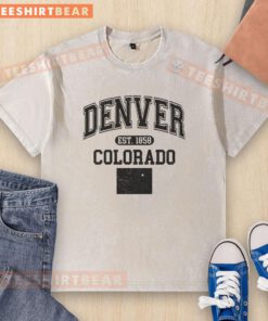 Official Denver Colorado Est 1858 Varsity Washed T-Shirt featuring a stylish design, perfect for local pride and casual wear.